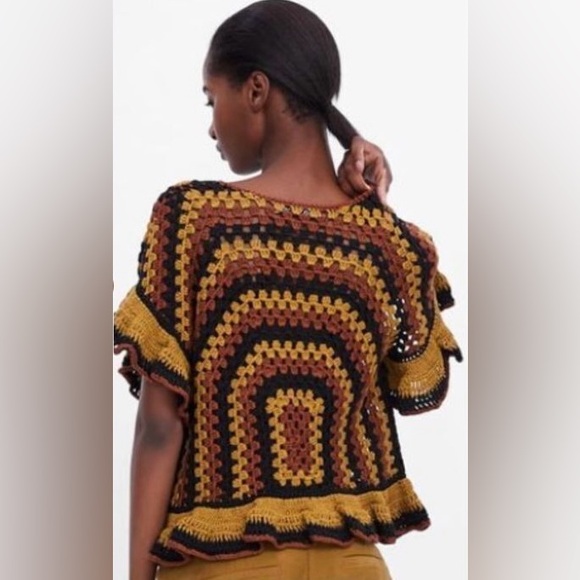 Zara Sz M Multicolour Brown and Black Crochet Top Ruffles - Picture 2 of 9
